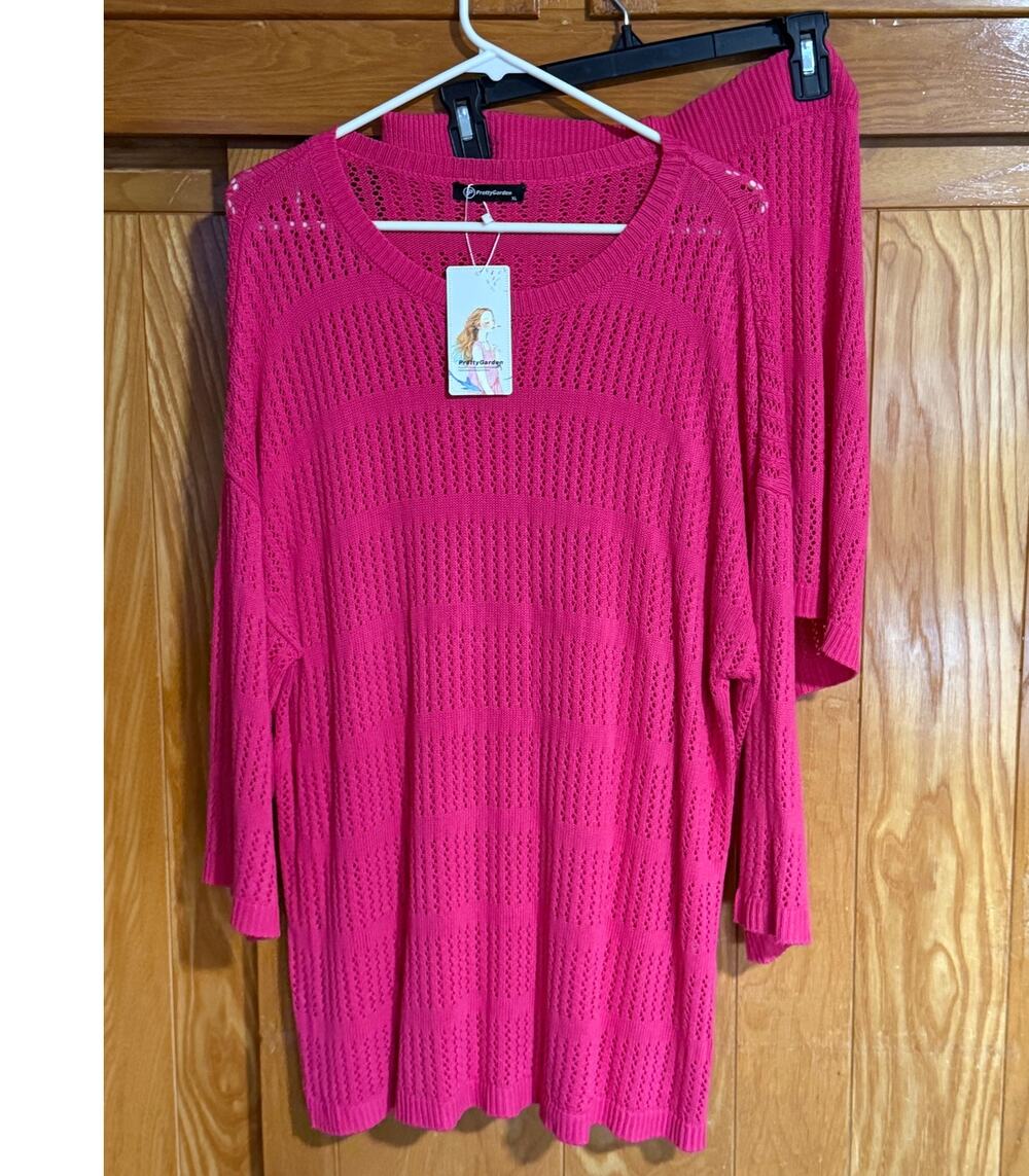 NWT PRETTYGARDEN Hot Pink Open-Knit 2-Piece Set, Size XL